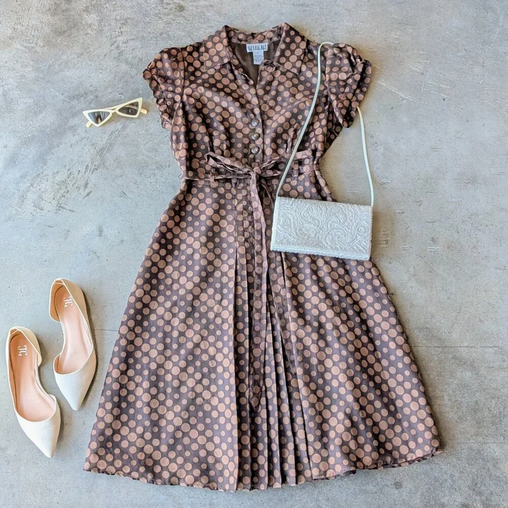Vintage Robbie Bee Brown Polka Dot Belted Shirt Dress size 8